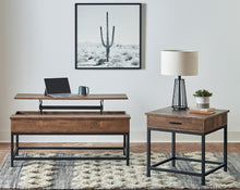 Load image into Gallery viewer, Byers Black Coffee Table with Hidden Storage Brown Oak and Sandy Black